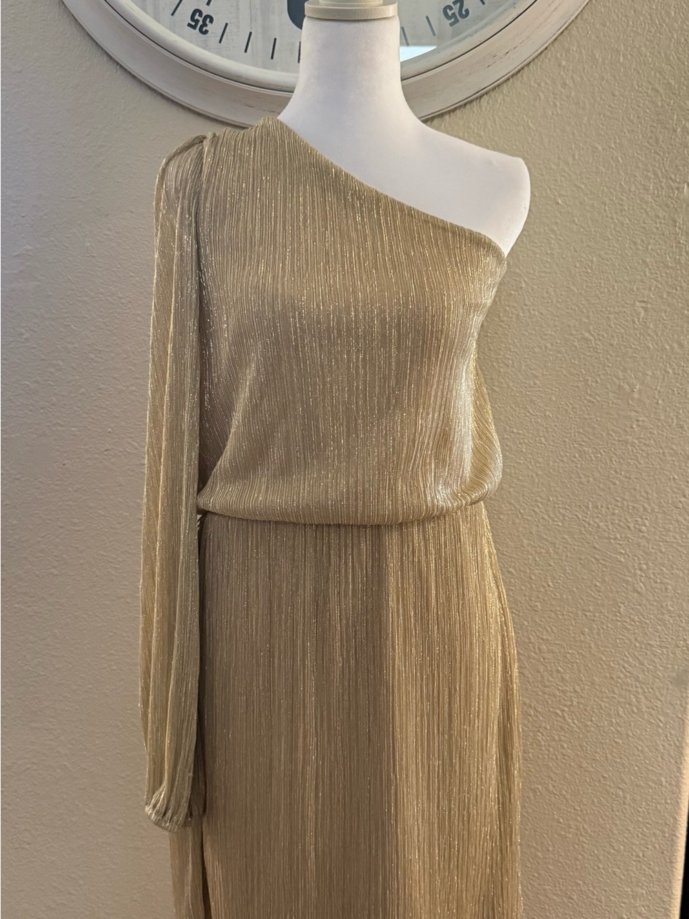 Bisou Bisou One-Shoulder Metallic Gold Evening Dress sz 14